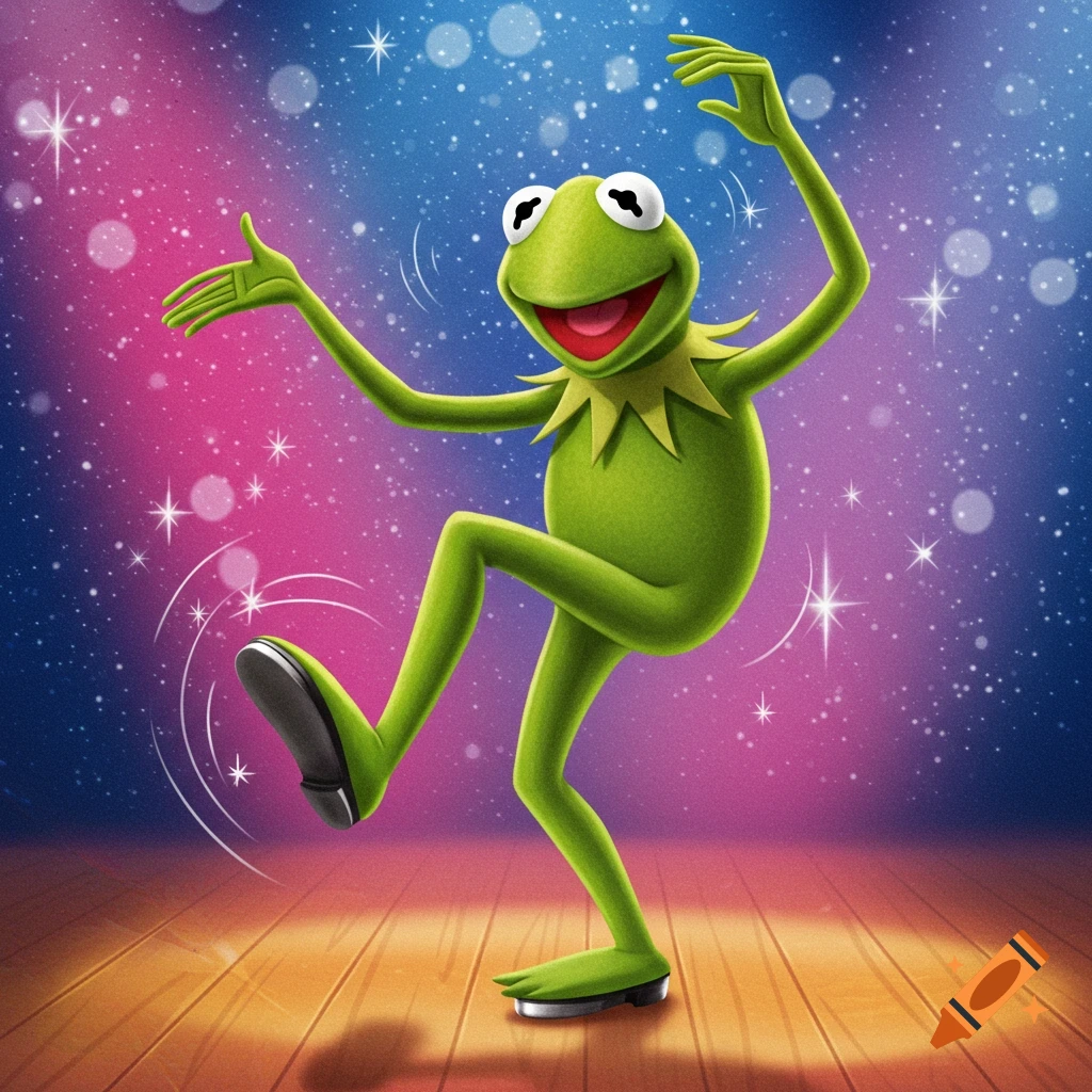 Kermit the Frog tap dancing on a stage with a sparkly background