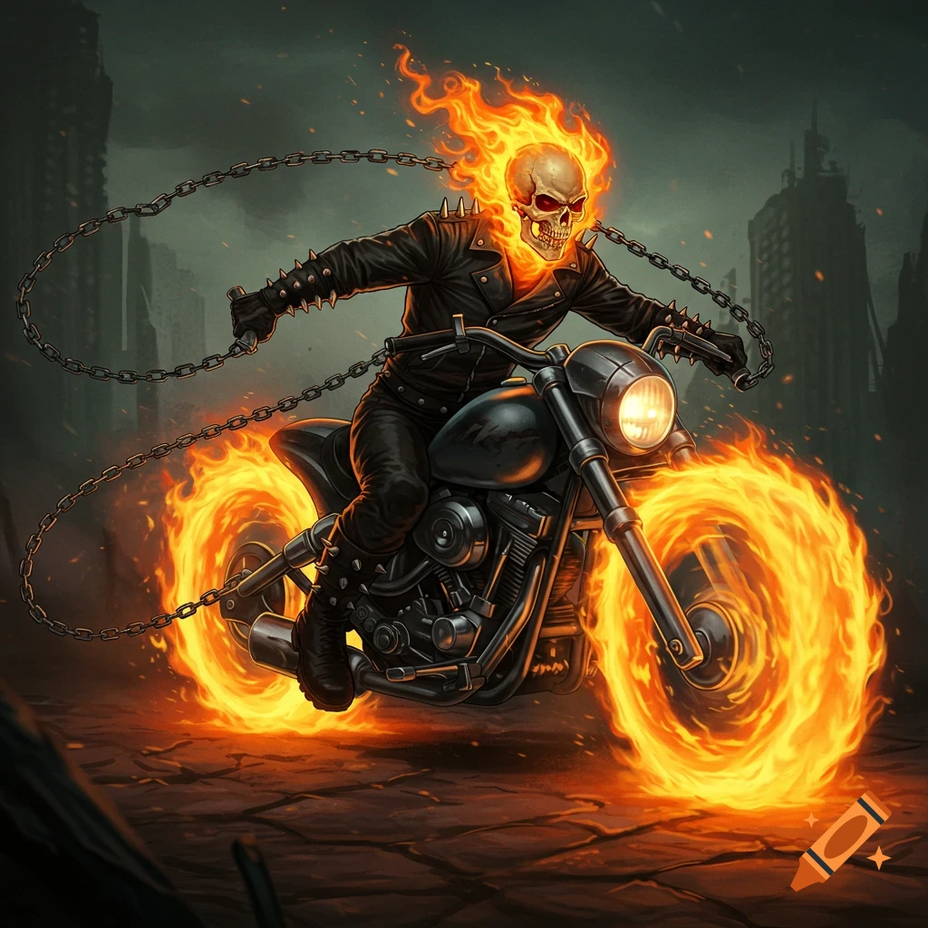 Stylized Ghost Rider on a fiery motorcycle with chains against a dark, ruined city backdrop.