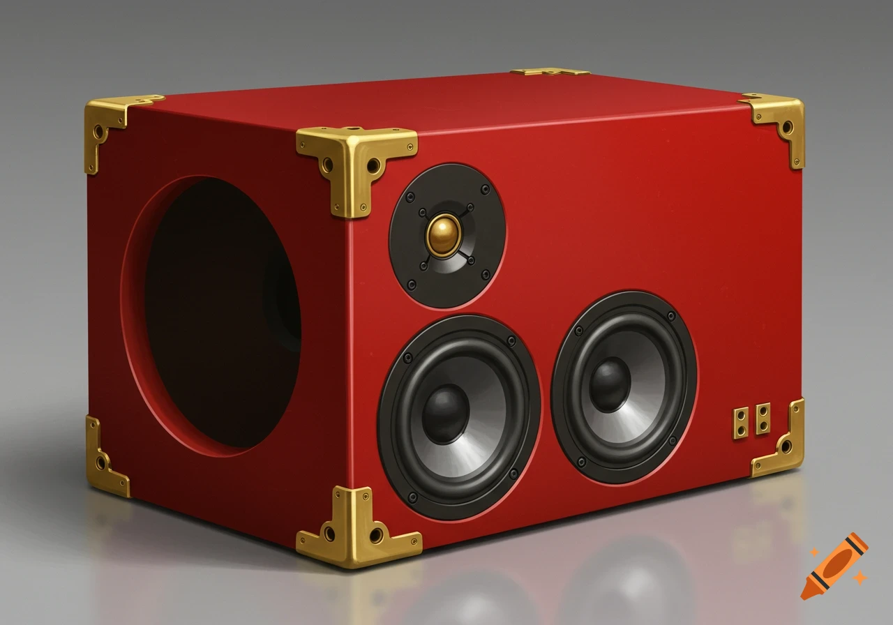 A red speaker enclosure with brass corner protectors and multiple speaker drivers