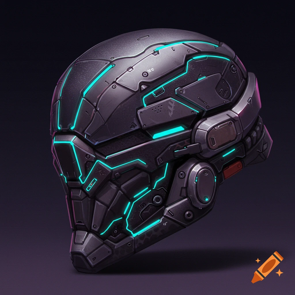 A detailed futuristic helmet with glowing blue lights.