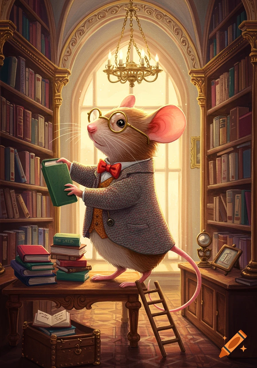 An illustration of a cartoon mouse in glasses and a jacket, standing on a table in a library and holding a book.