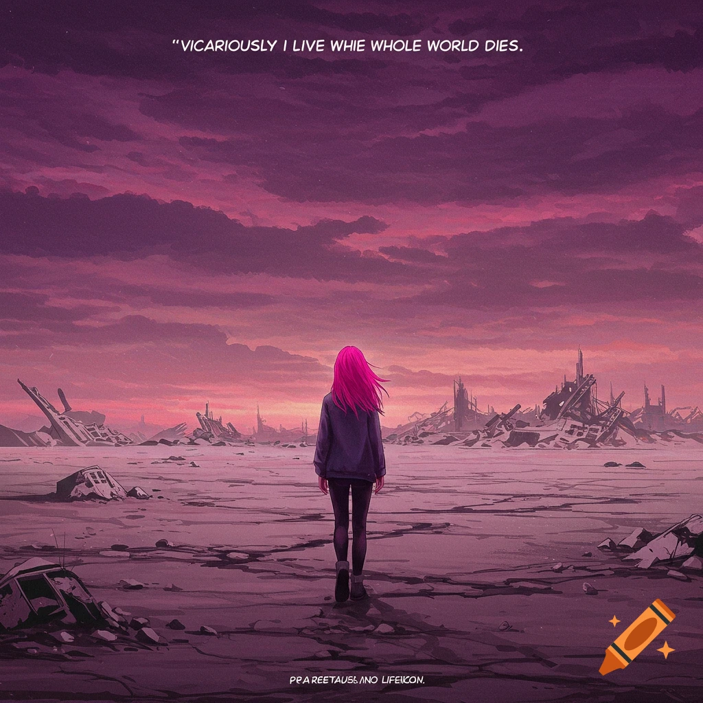 Illustration of a person with pink hair walking into a ruined landscape under a purple sky with text above.