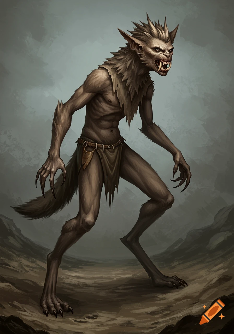 A lean, monstrous creature with canine features, sharp claws, and fangs stands in a desolate landscape.