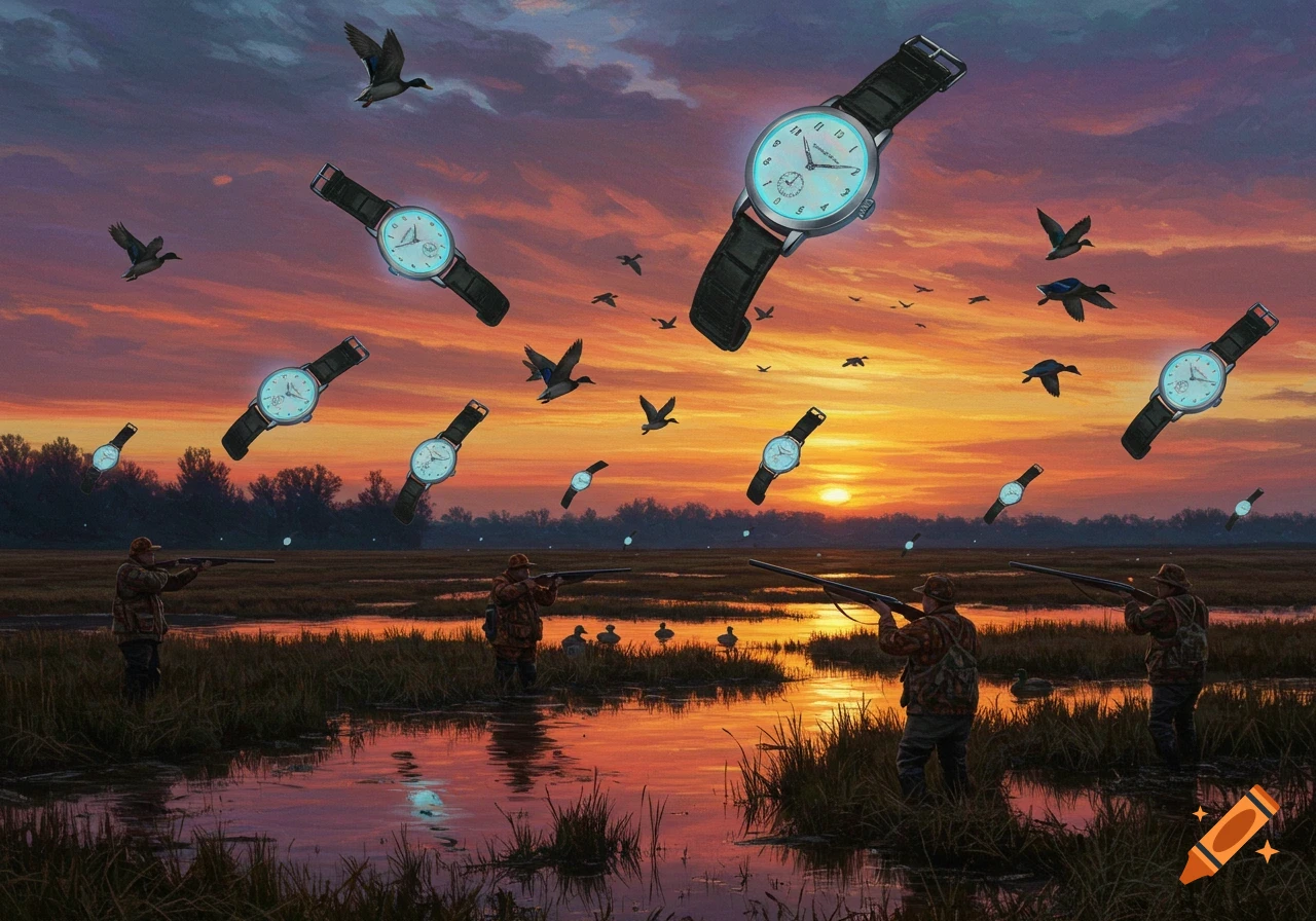 Surreal painting of duck hunters in a marsh shooting at flying watches and ducks at sunset.