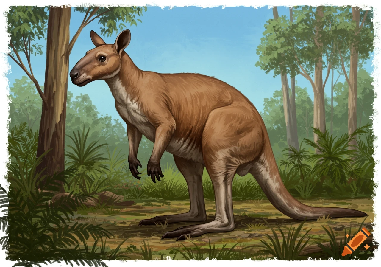 Illustration of a large, short-faced extinct kangaroo (Procoptodon) standing in a forest.
