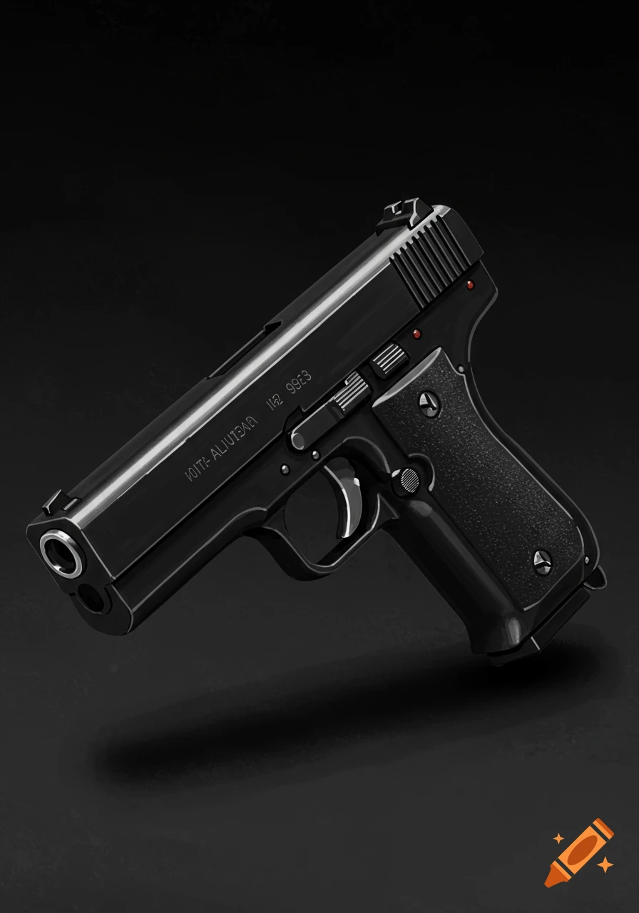 A black handgun rests on a dark background.