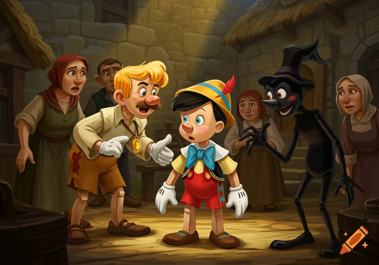 Illustration of Pinocchio being accused by Geppetto while villagers watch and a dark puppet smirks