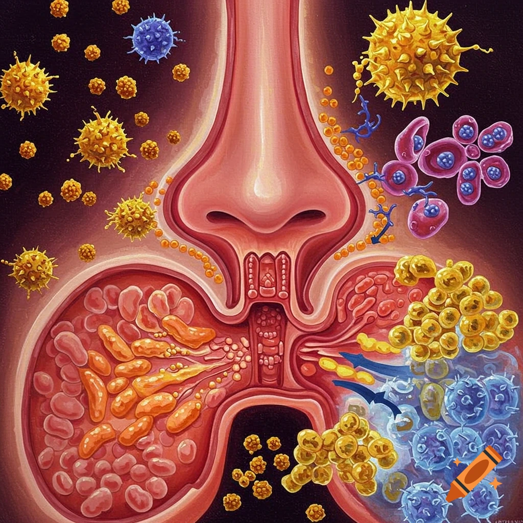 Illustration of a nose during a pollen allergy attack with immune system cells and pollen.