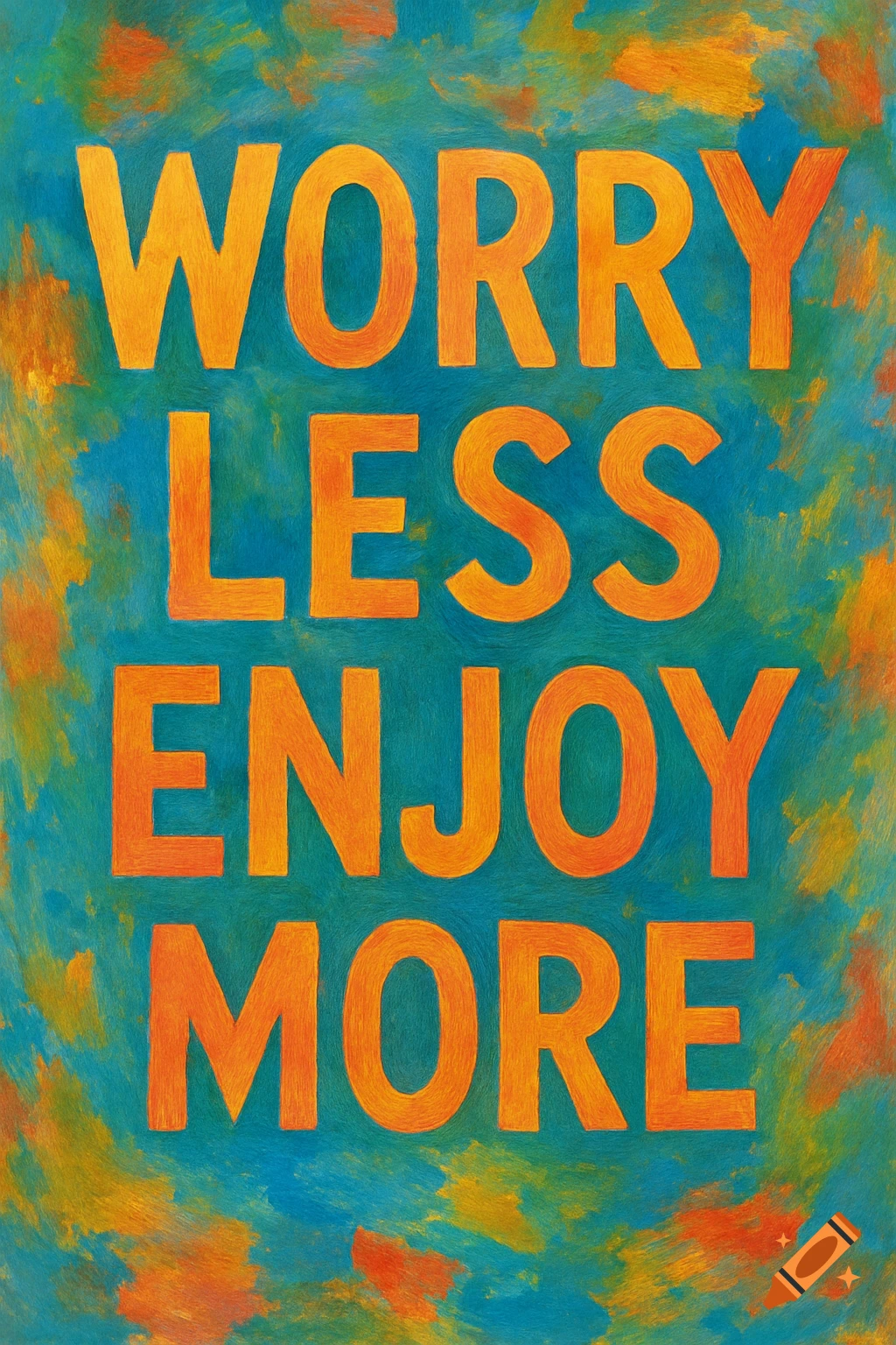 Orange text "WORRY LESS ENJOY MORE" on a textured blue and orange background.