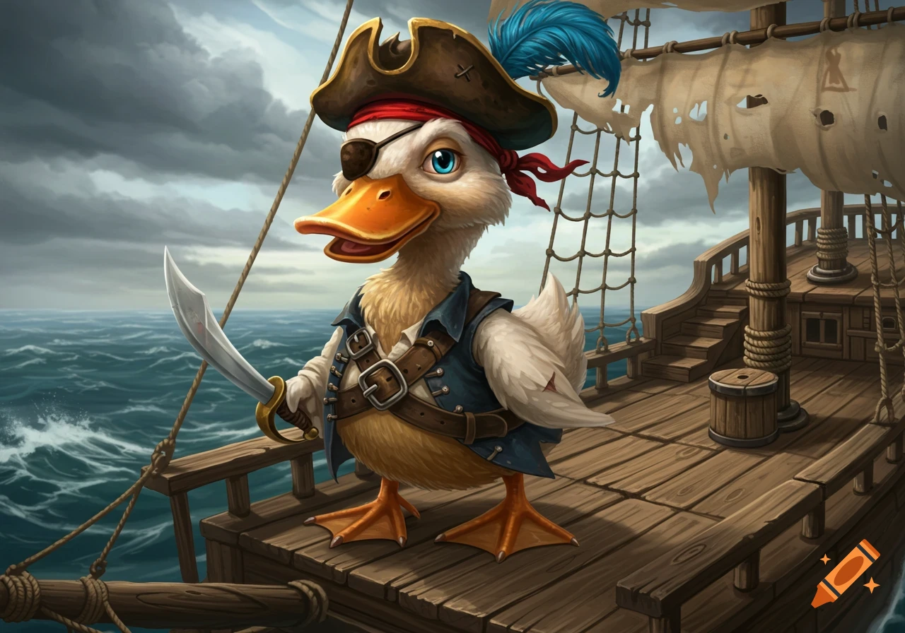 Illustration of a cartoon duck dressed as a pirate on a ship, holding a ...