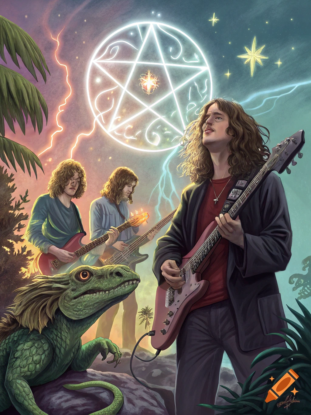 Illustration of a band playing instruments with a large lizard and magical symbols in the background.