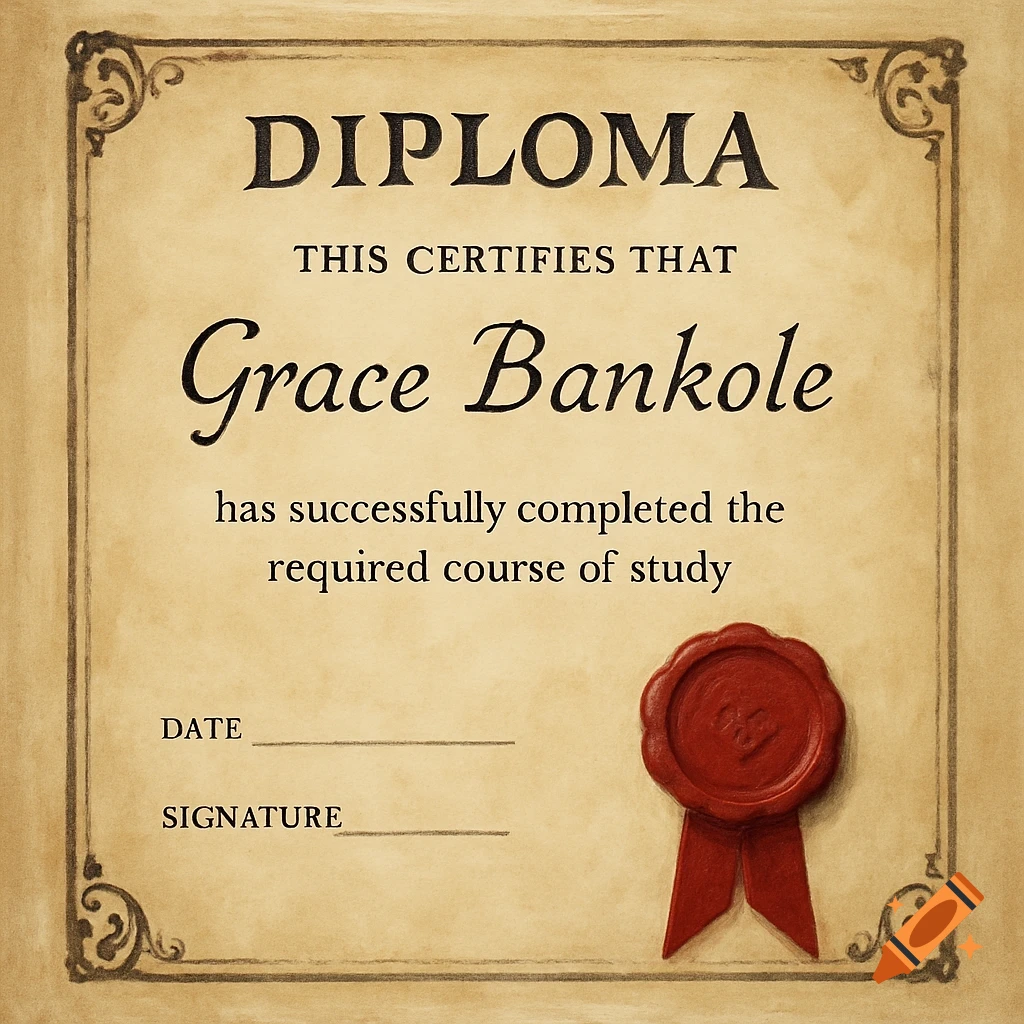 A vintage-style diploma for Grace Bankole with text and a red wax seal and ribbon.
