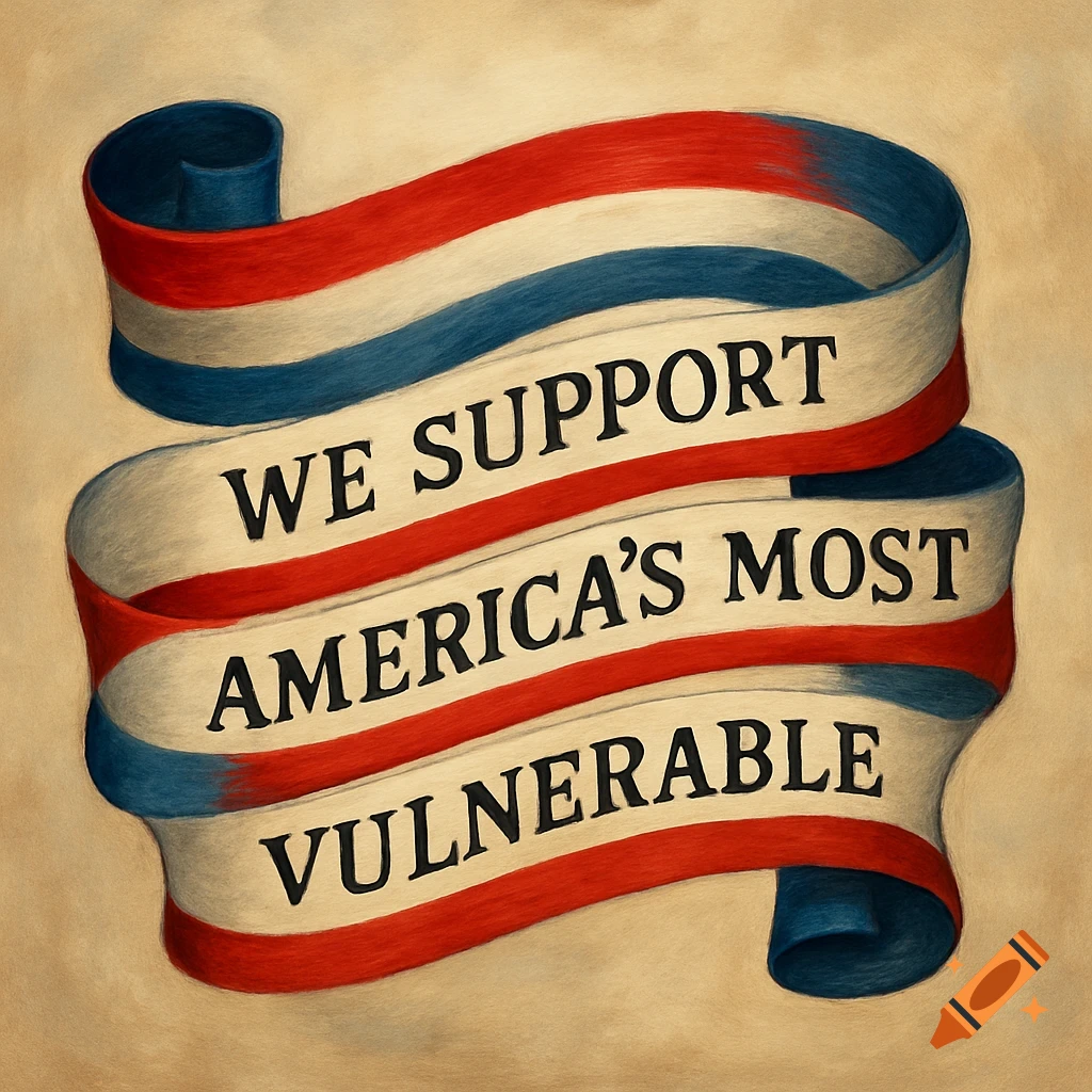 Painted ribbon in red, white, and blue with the text: We Support America's Most Vulnerable.