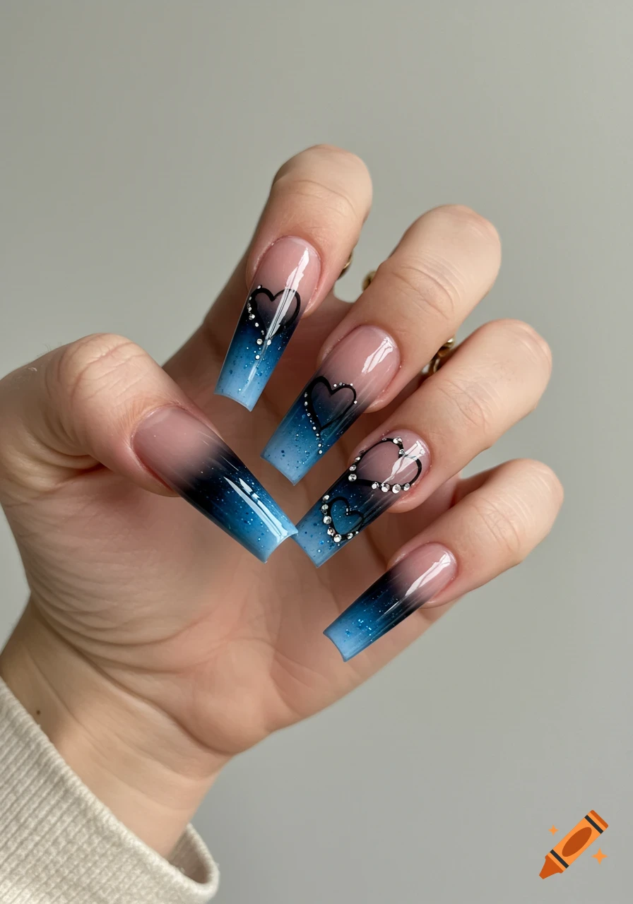 Close-up of long coffin nails with blue and black ombre, heart art, and sparkles