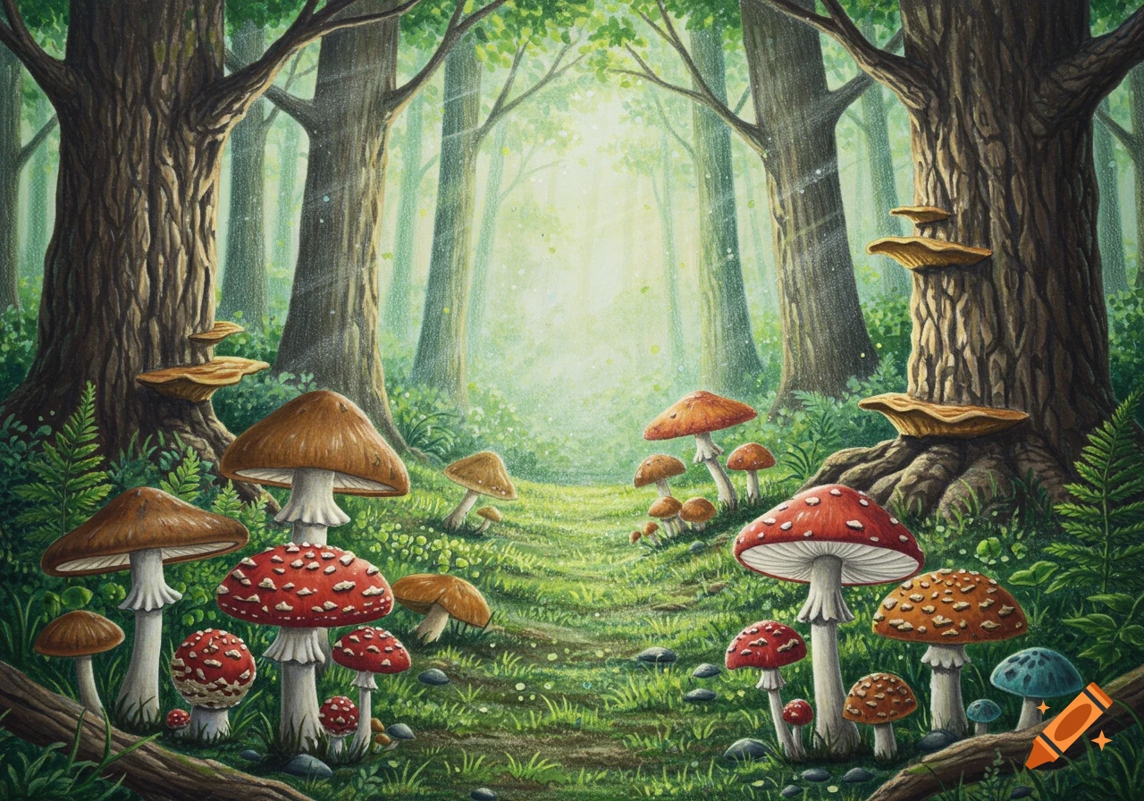 A mystical forest scene drawn in colored pencils with a path lined by various mushrooms.