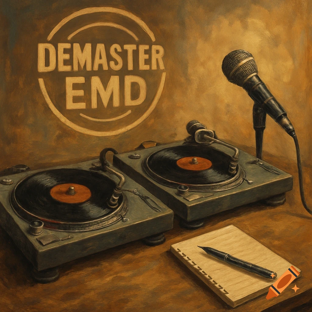 A painting of two turntables, a microphone, a notebook, and pen on a table in a studio with "DEMASTER EMD" logo on the wall.