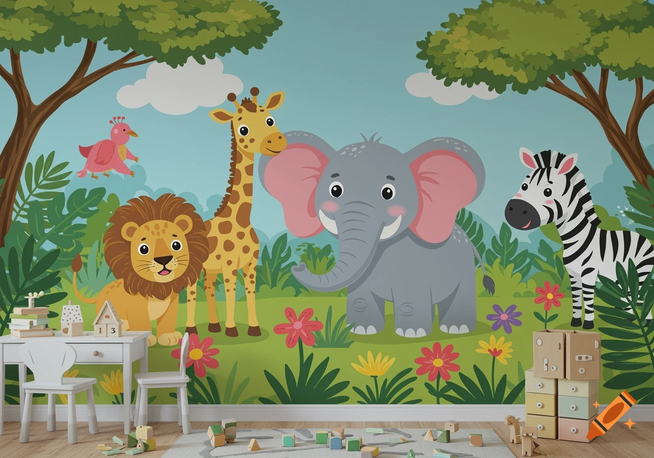 Cartoon safari animal wall mural with lion, giraffe, elephant, zebra, and bird in a lush landscape, seen in a child's room with toys.