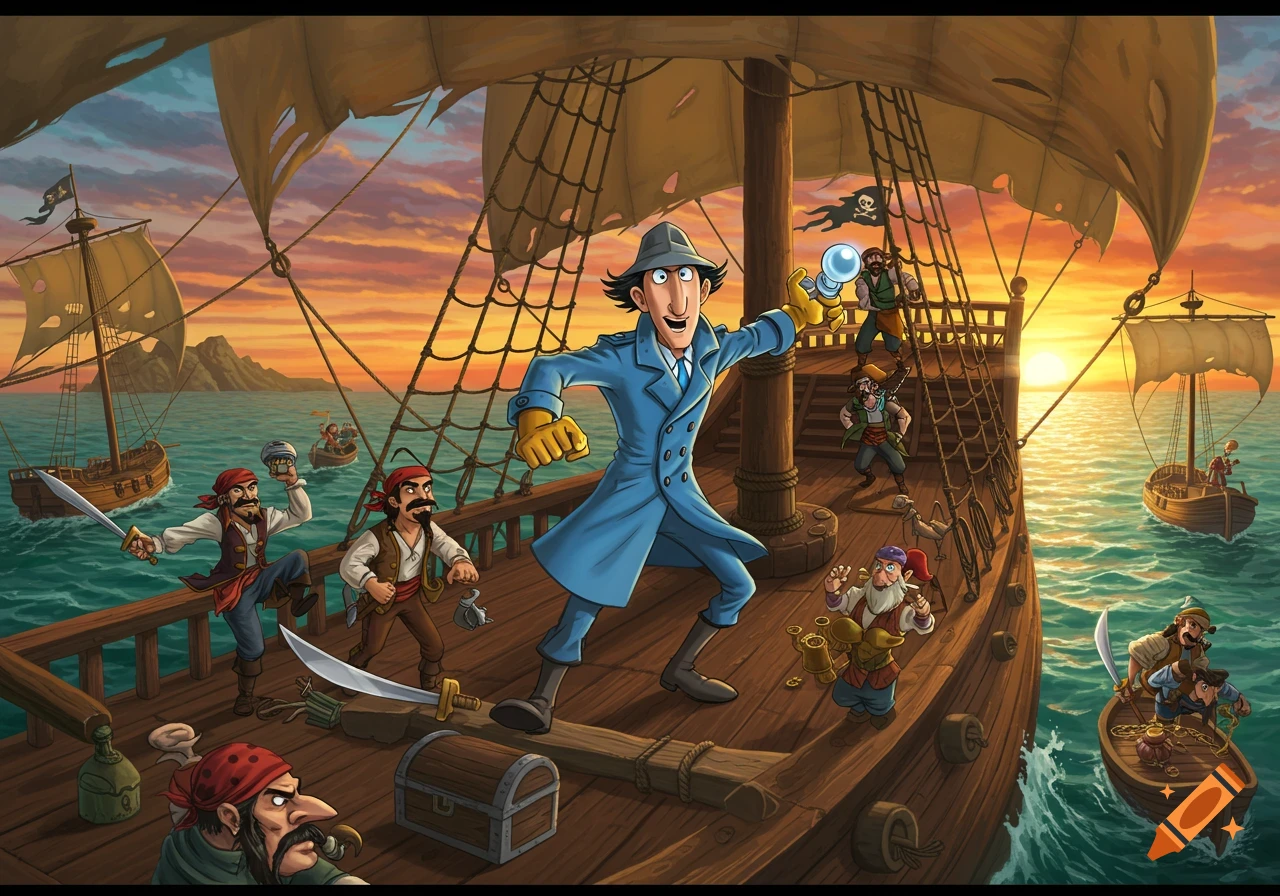 Inspector Gadget stands on a pirate ship with pirates surrounding him at sunset.