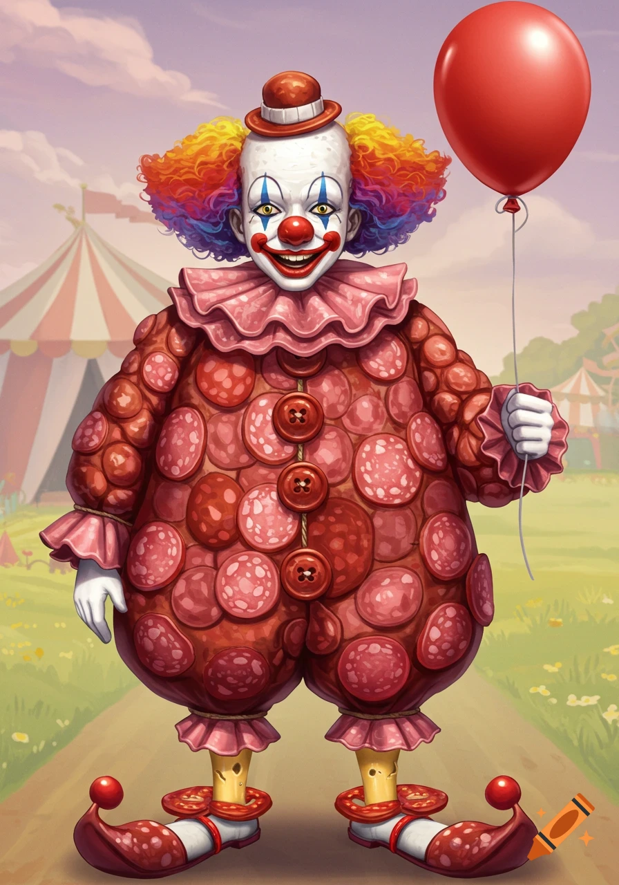 A clown in a salami-patterned outfit holds a red balloon in a circus setting.