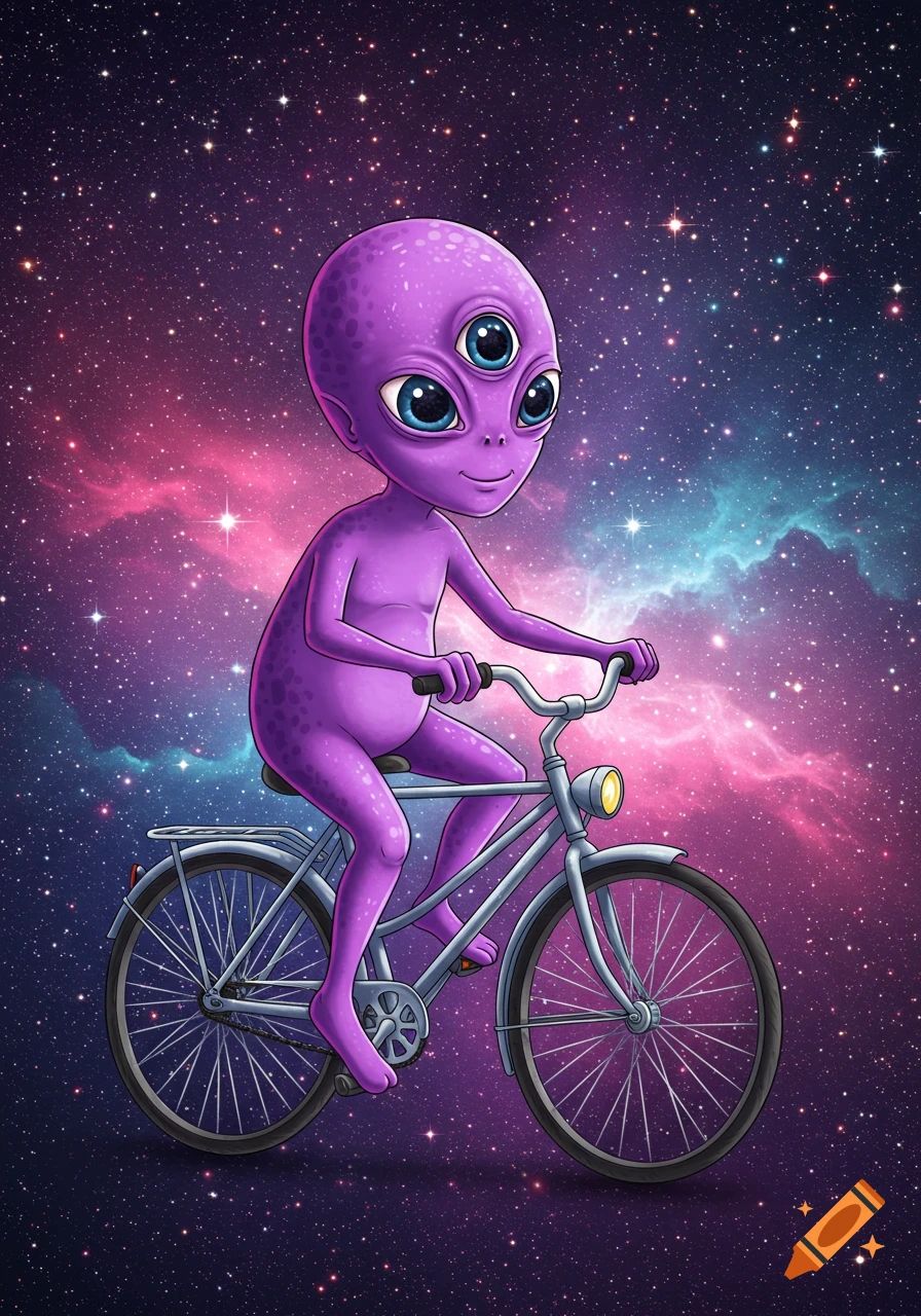 Purple alien with three eyes rides a bicycle in space