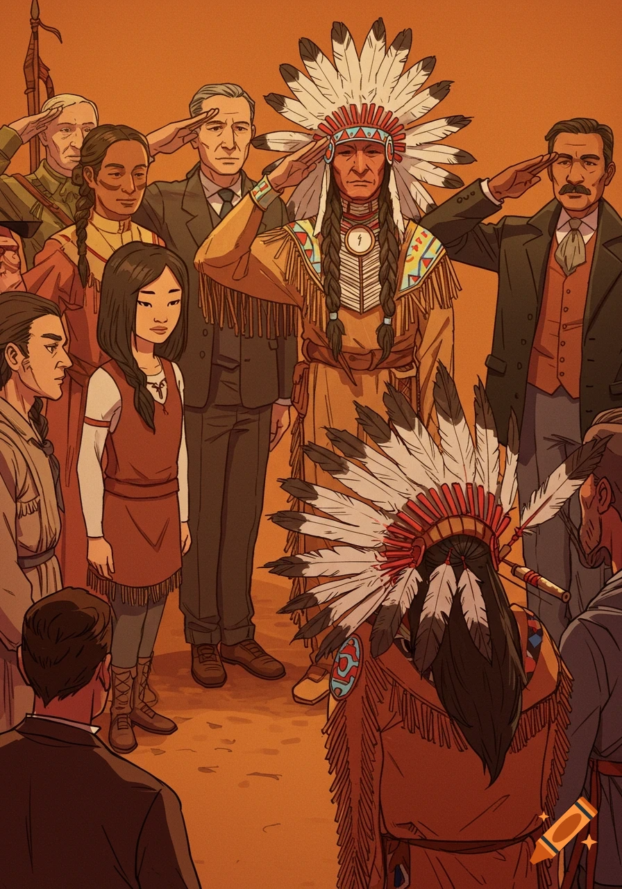 Illustration of people, including a Native American chief in regalia, saluting.