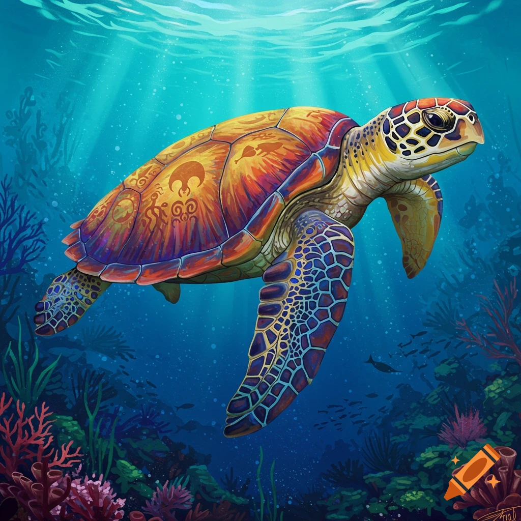 A sea turtle swims underwater above coral with rays of light from the surface, shell has tribal patterns.