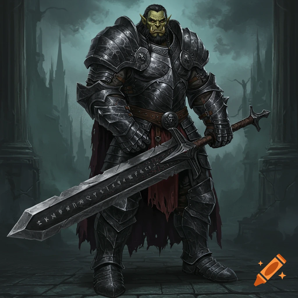 An armored orc knight holds a large executioner's sword inscribed with runes in a dark fantasy setting.