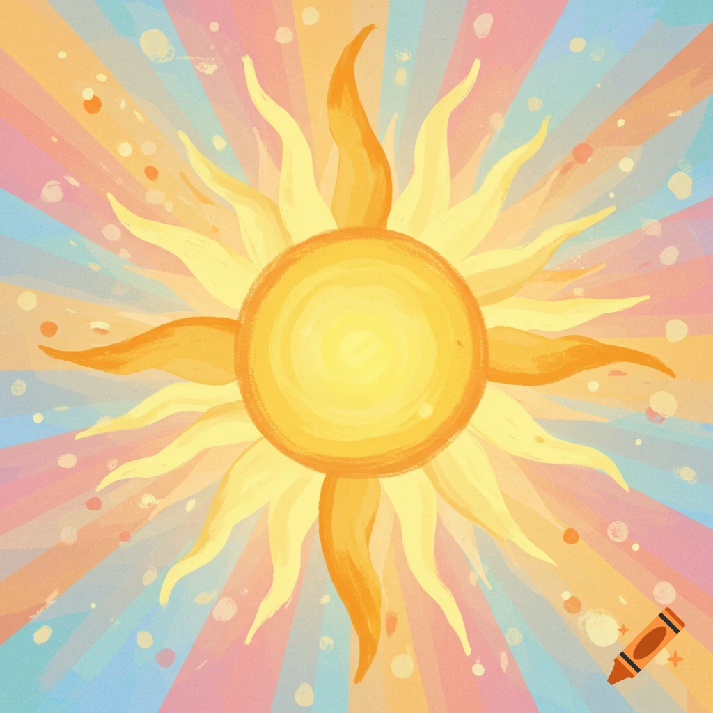 Stylized illustration of a sun with radiating rays in pastel colors.