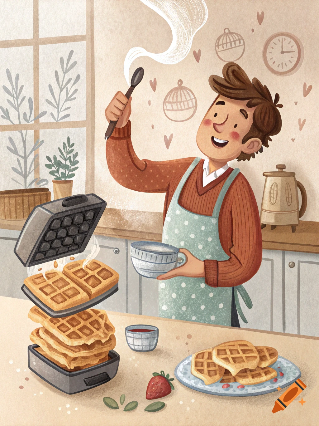 Illustration of a man making waffles in a kitchen.