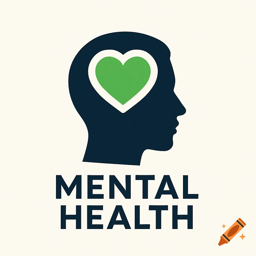 Logo of a dark blue head silhouette with a green heart inside, above the words "MENTAL HEALTH" in dark blue text.