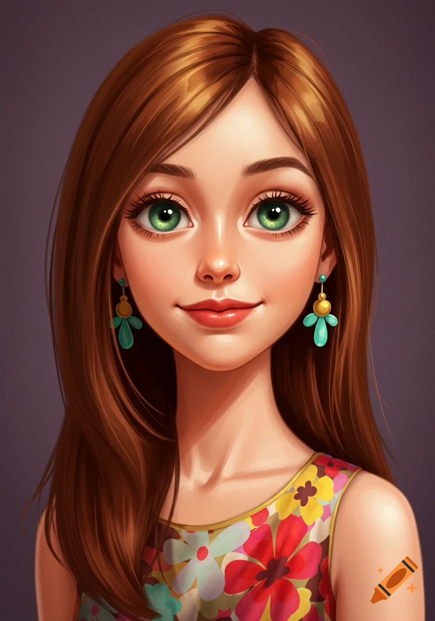 Illustrative portrait of a young woman with green eyes and brown hair, wearing a colorful floral dress and turquoise earrings.
