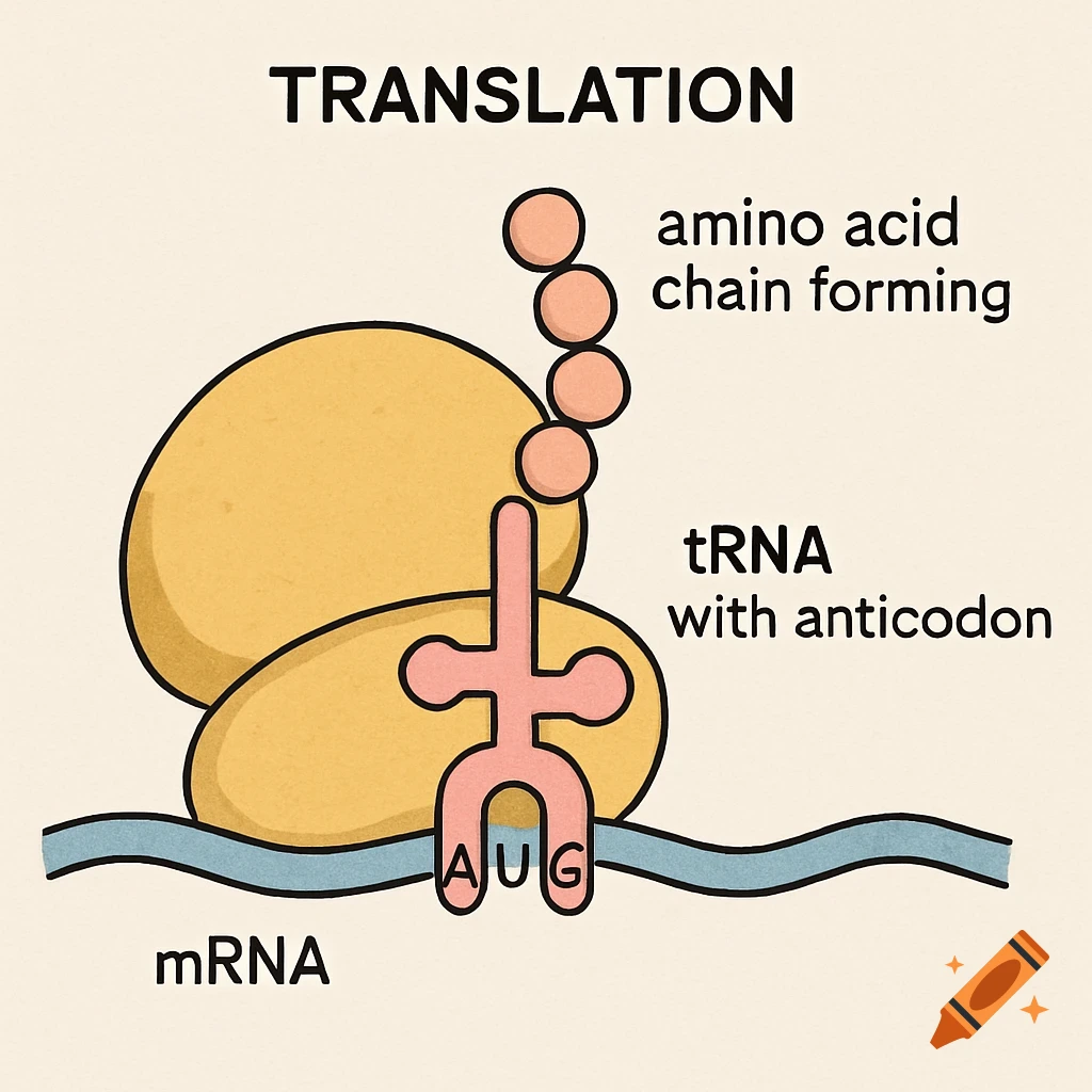 Diagram of biological translation showing ribosome, mRNA, tRNA, and amino acid chain.