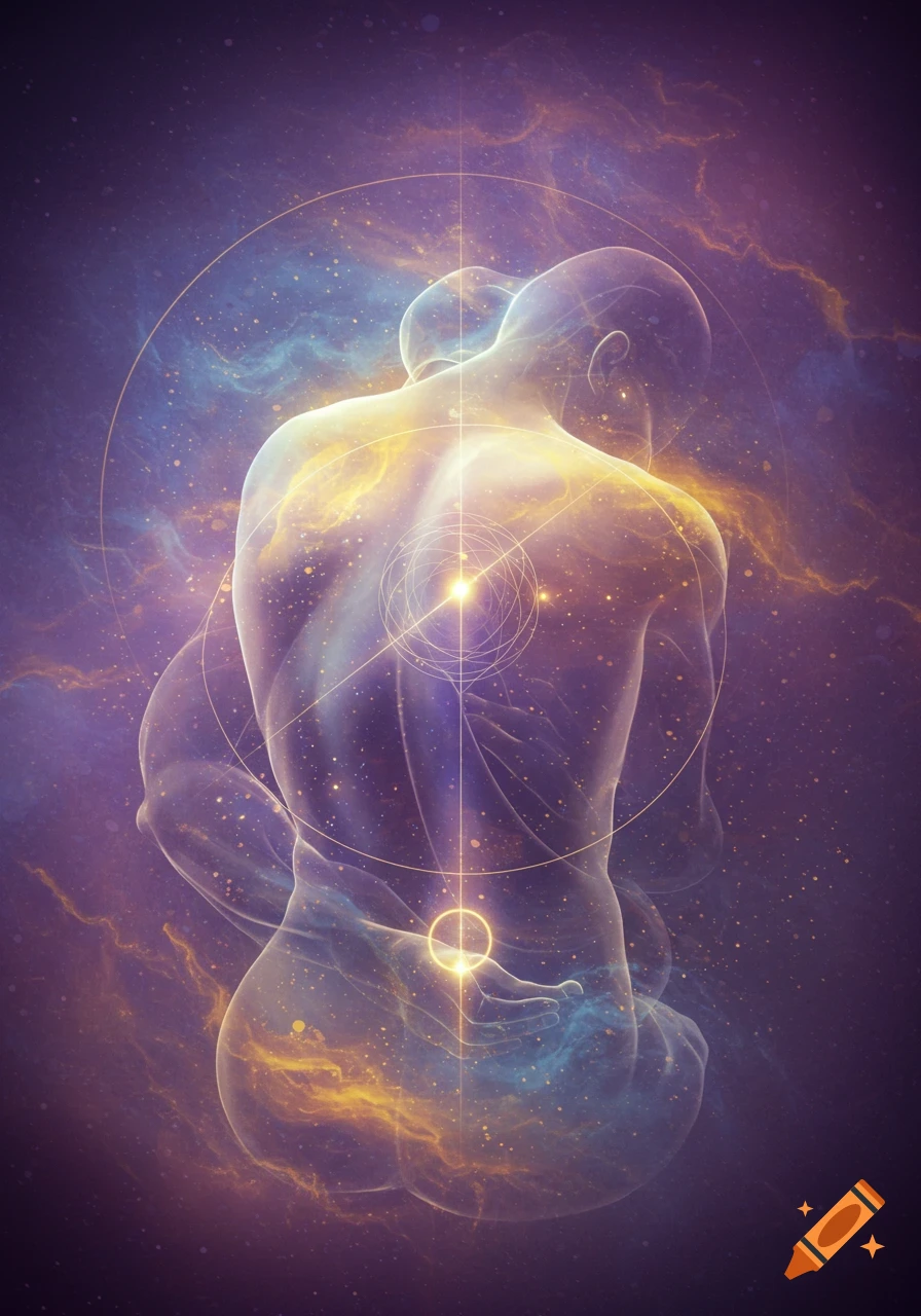 Two translucent figures embracing in a swirling purple and gold cosmic nebula with geometric light patterns.