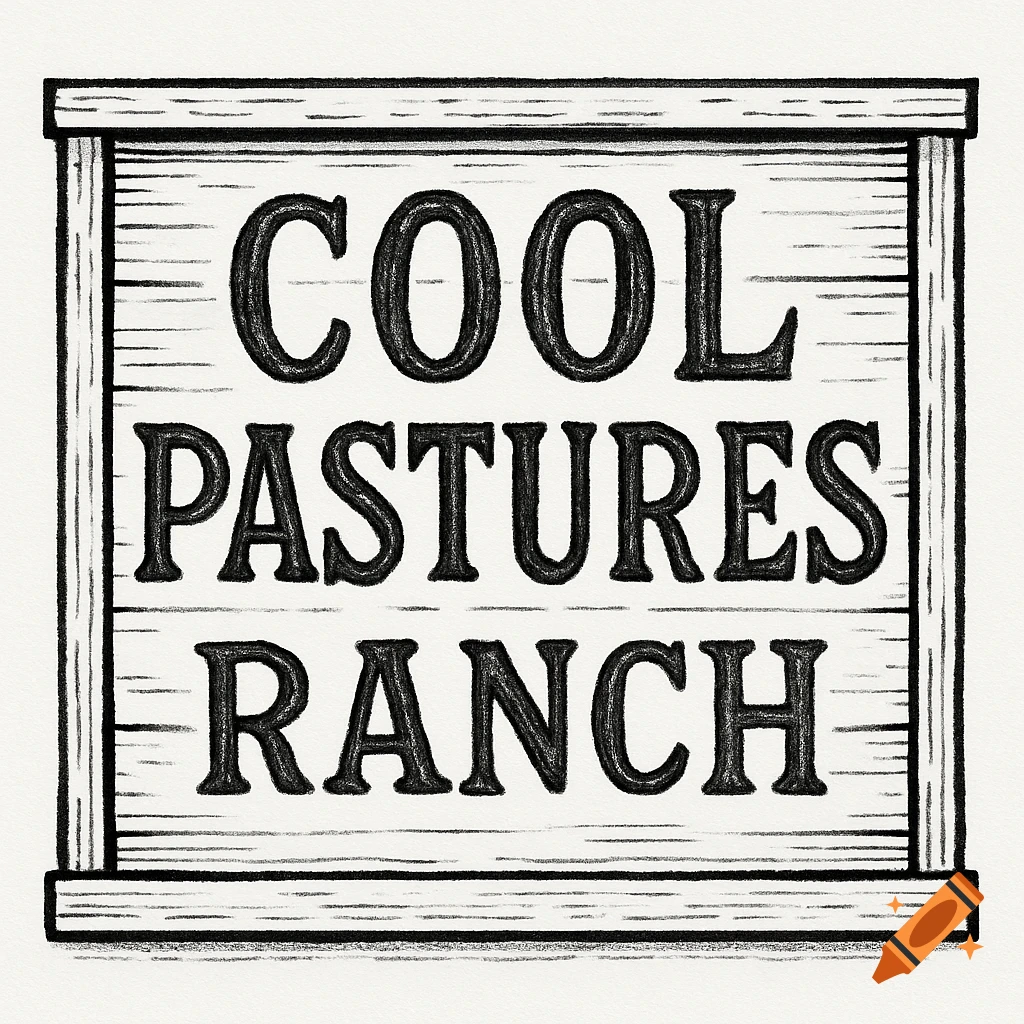 A black and white drawing of a wooden sign with the text "COOL PASTURES RANCH" in an old western style.