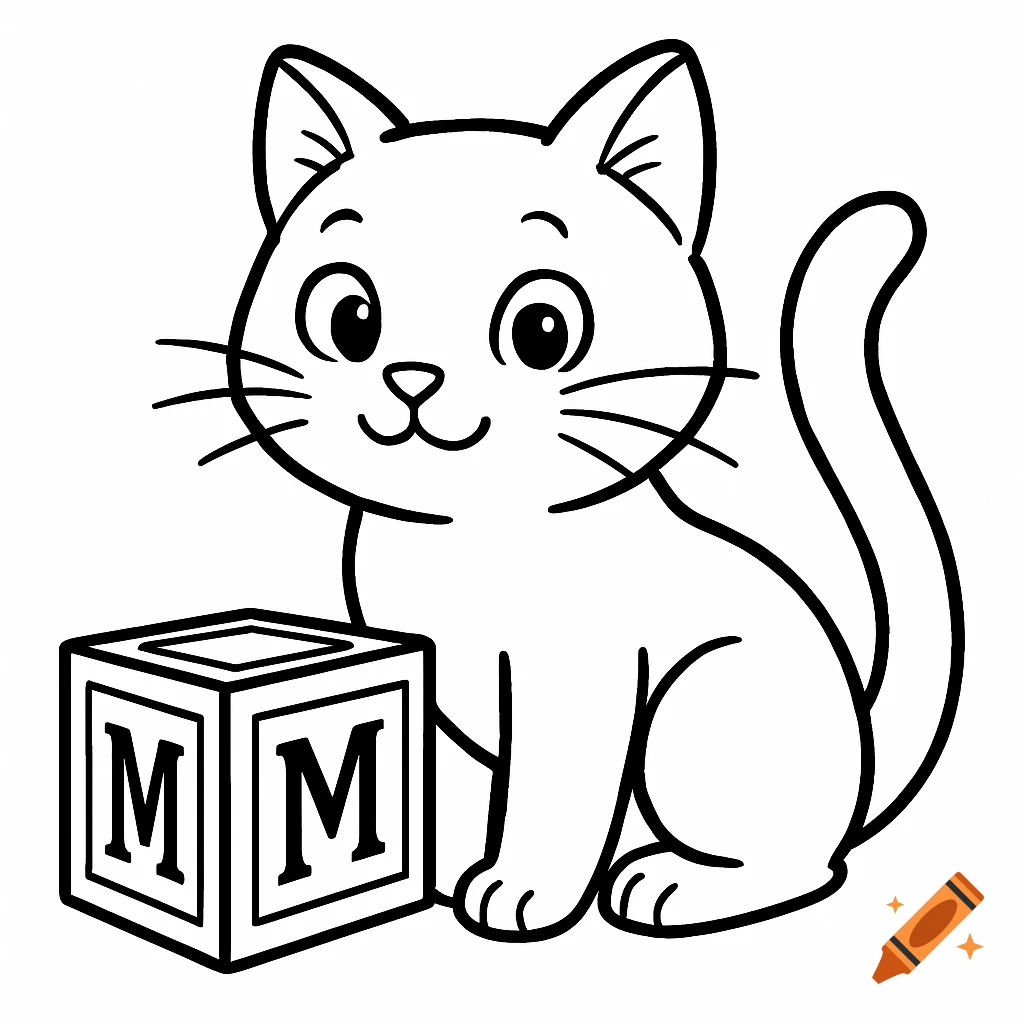 Black and white line drawing of a cartoon cat with a toy block labeled M.