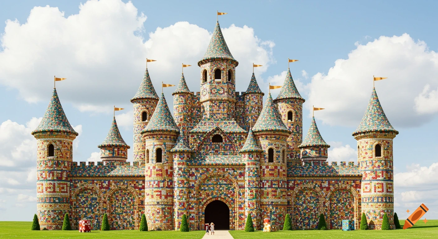 A colorful castle made of many small blocks stands on a green field under a cloudy sky.