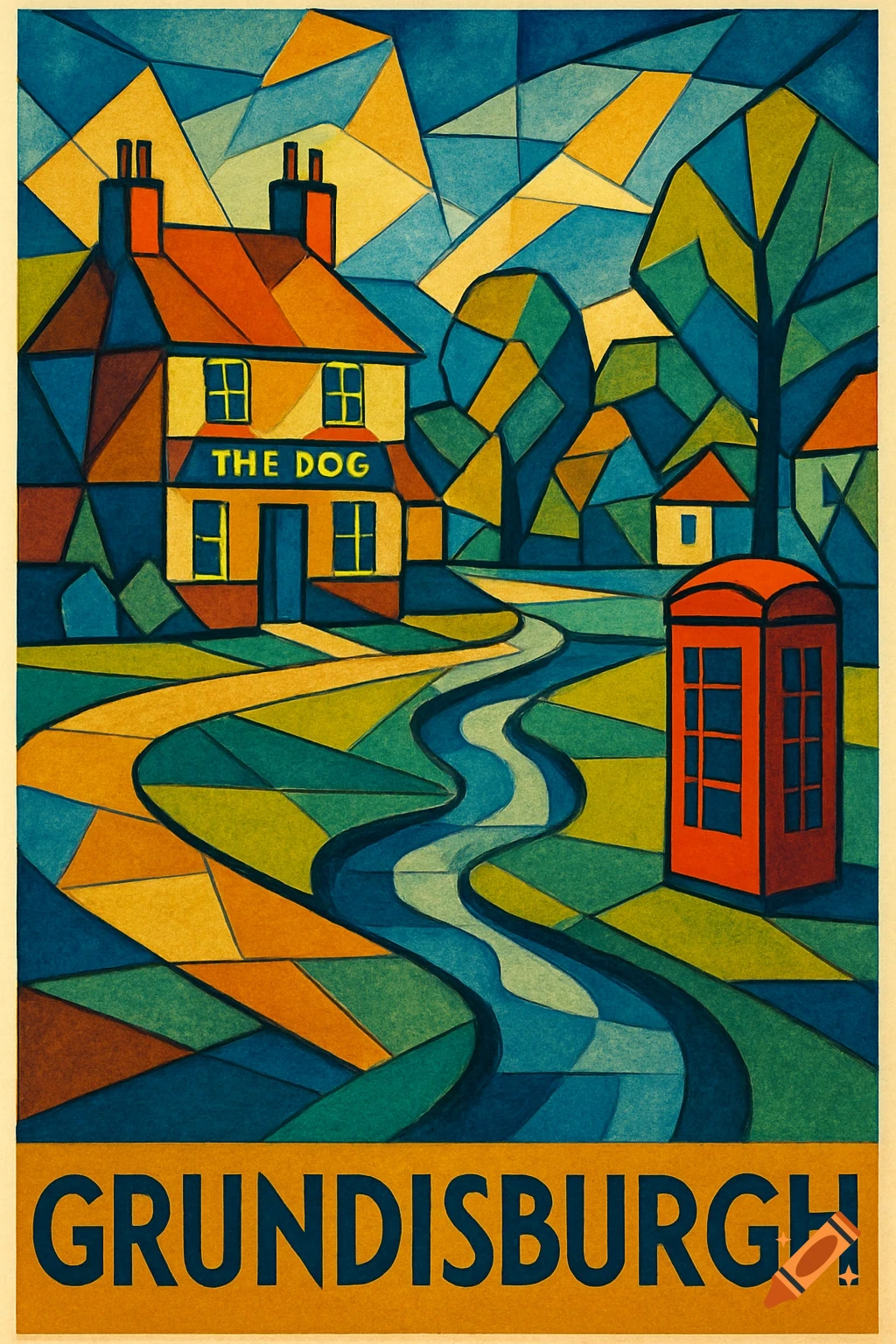 Stylized geometric art of a village scene with a pub, telephone box, stream, and text.