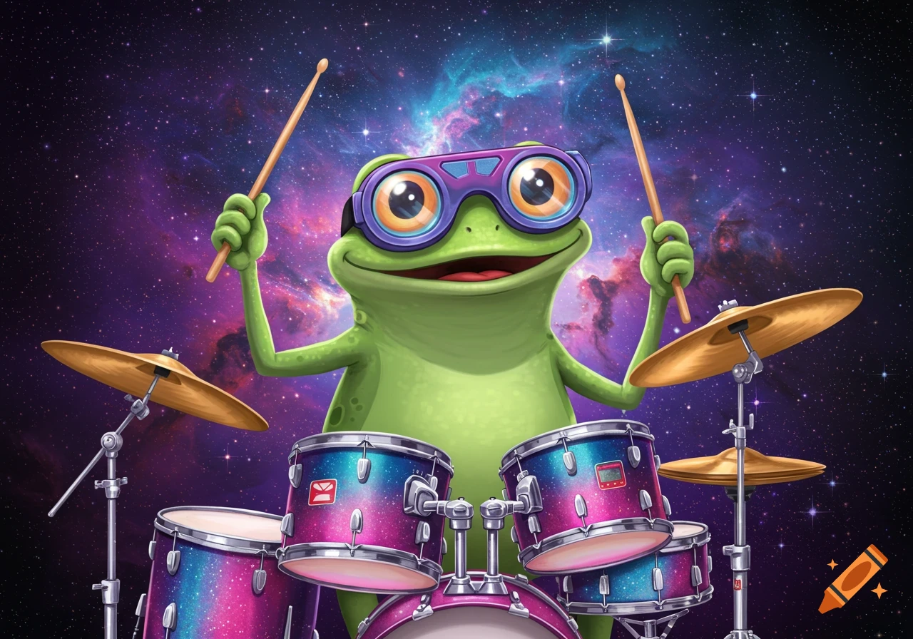 Cartoon frog wearing goggles plays the drums in outer space.