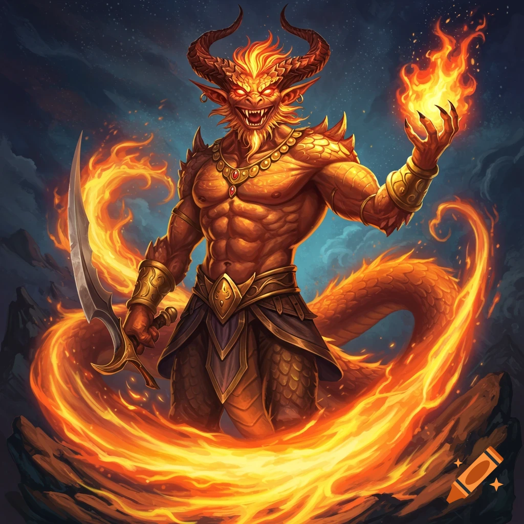 Muscular orange scaled efreeti creature with horns, holding a sword and fire, standing in flames.