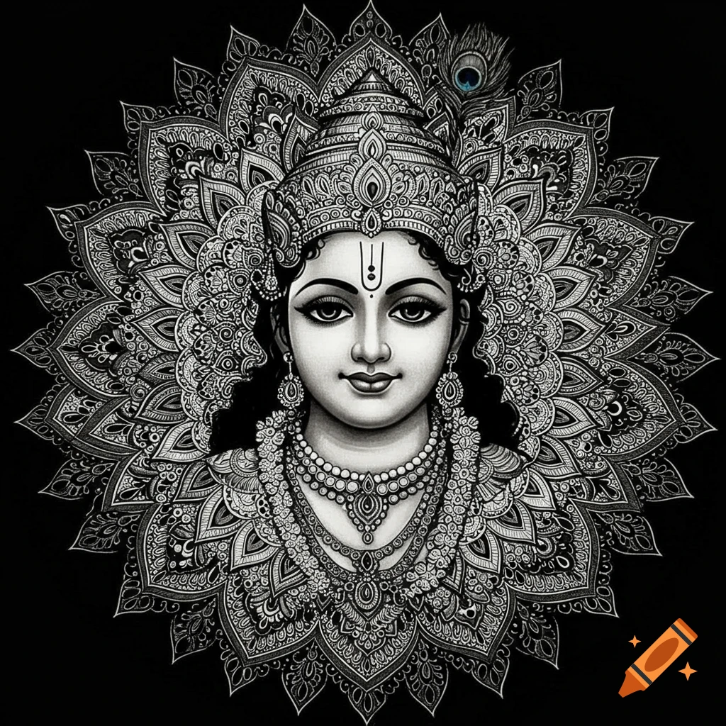Black and white illustration of Krishna with detailed mandala background.
