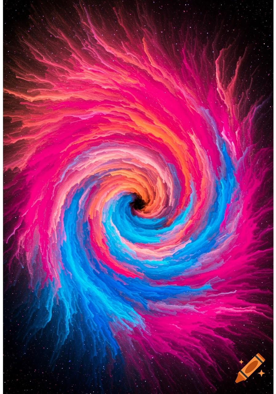 A vibrant abstract swirl of pink, blue, and orange colors resembling a space nebula against a starry background.