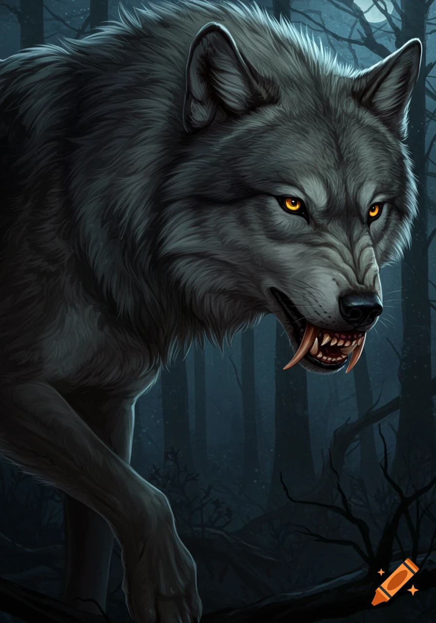 Close-up illustration of a snarling gray wolf with bright orange eyes and large fangs in a dark forest.
