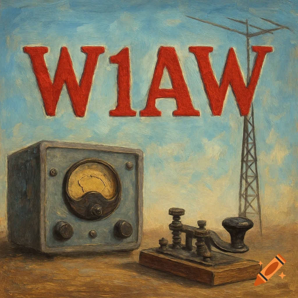 Painted image of vintage radio equipment, a Morse code key, a tower, and the call sign W1AW.