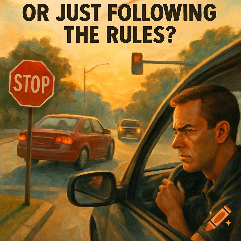 Man driving a car near a stop sign at sunset, with text overlay 'OR JUST FOLLOWING THE RULES?'