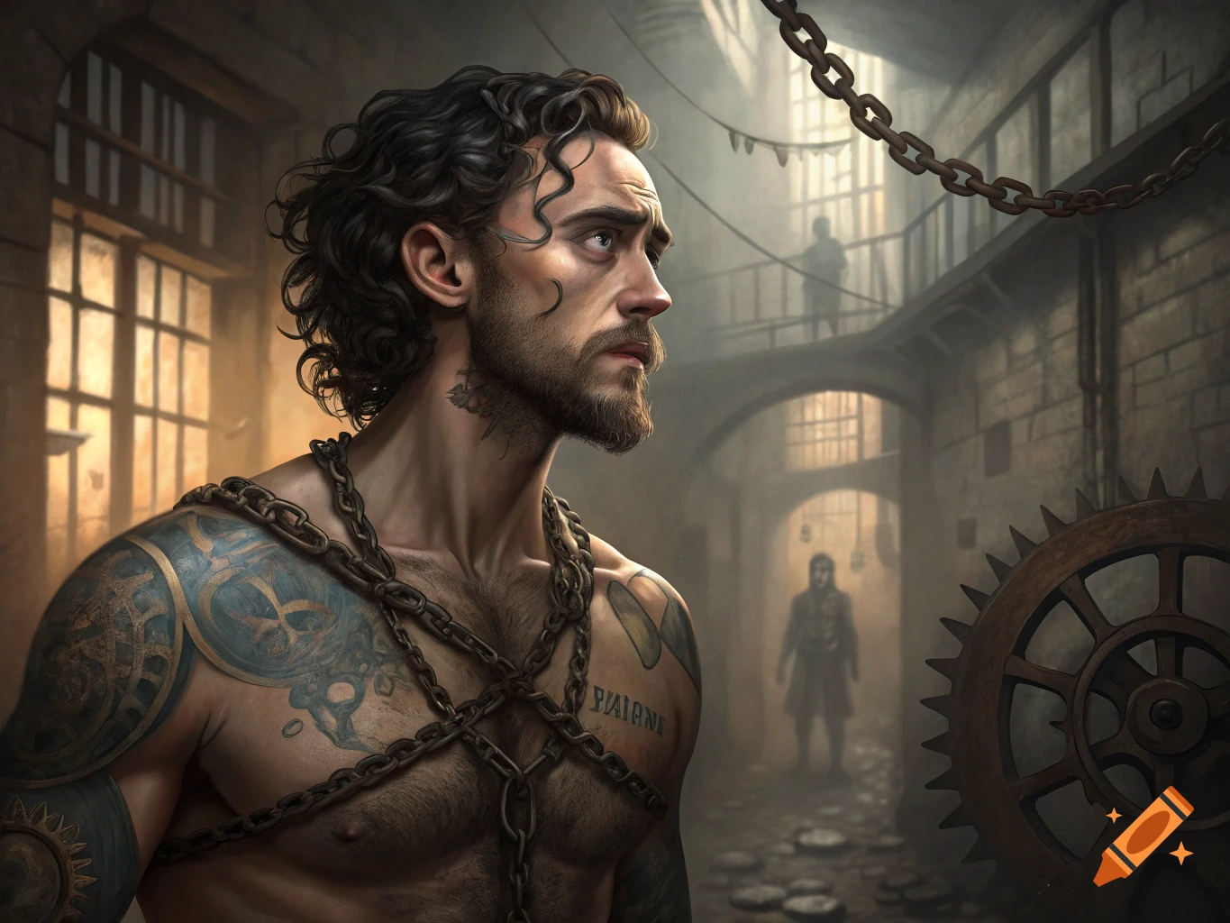A man with curly hair, beard, and tattoos is chained in a steampunk prison.