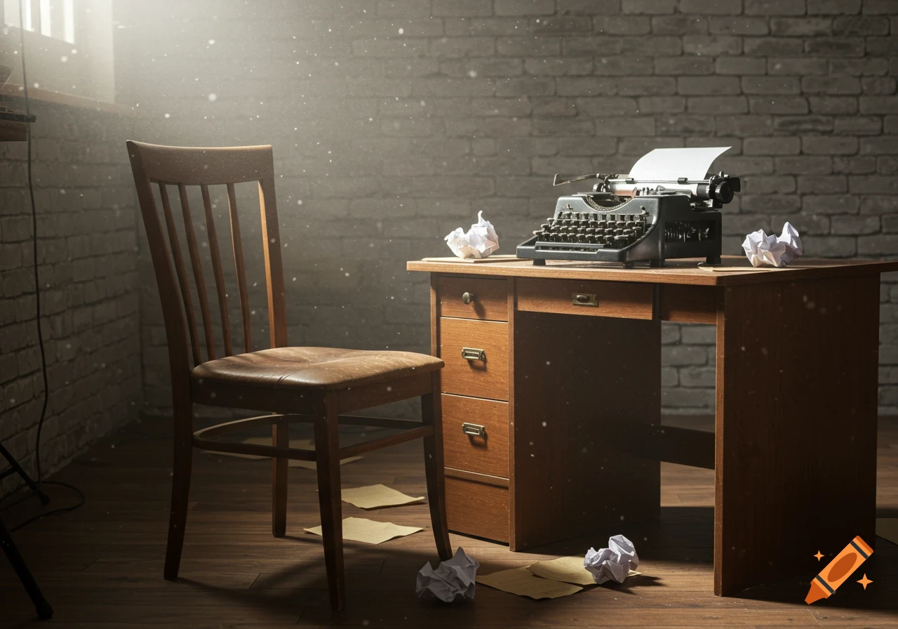 An empty wooden chair and desk with a vintage typewriter and crumpled paper, lit by sunlight in a dusty room.