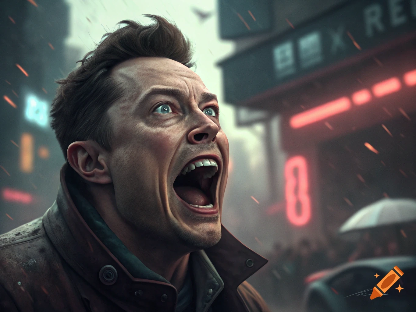 Close-up of a man yelling in a rainy city street.