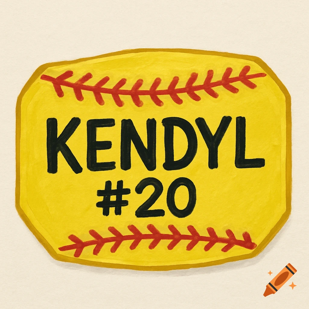 A yellow softball name tag with the name KENDYL and the number #20 written in black. It has red stitching details.