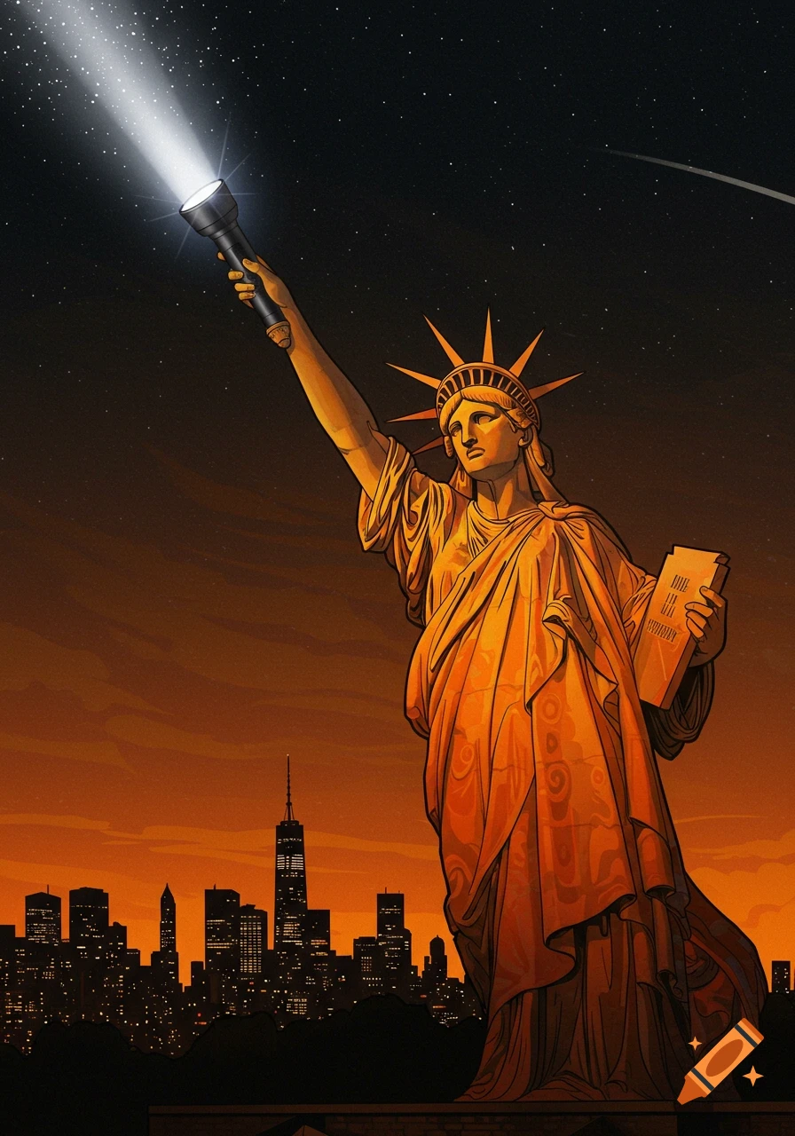 An illustration of the Statue of Liberty holding a flashlight towards the starry night sky above the New York City skyline.