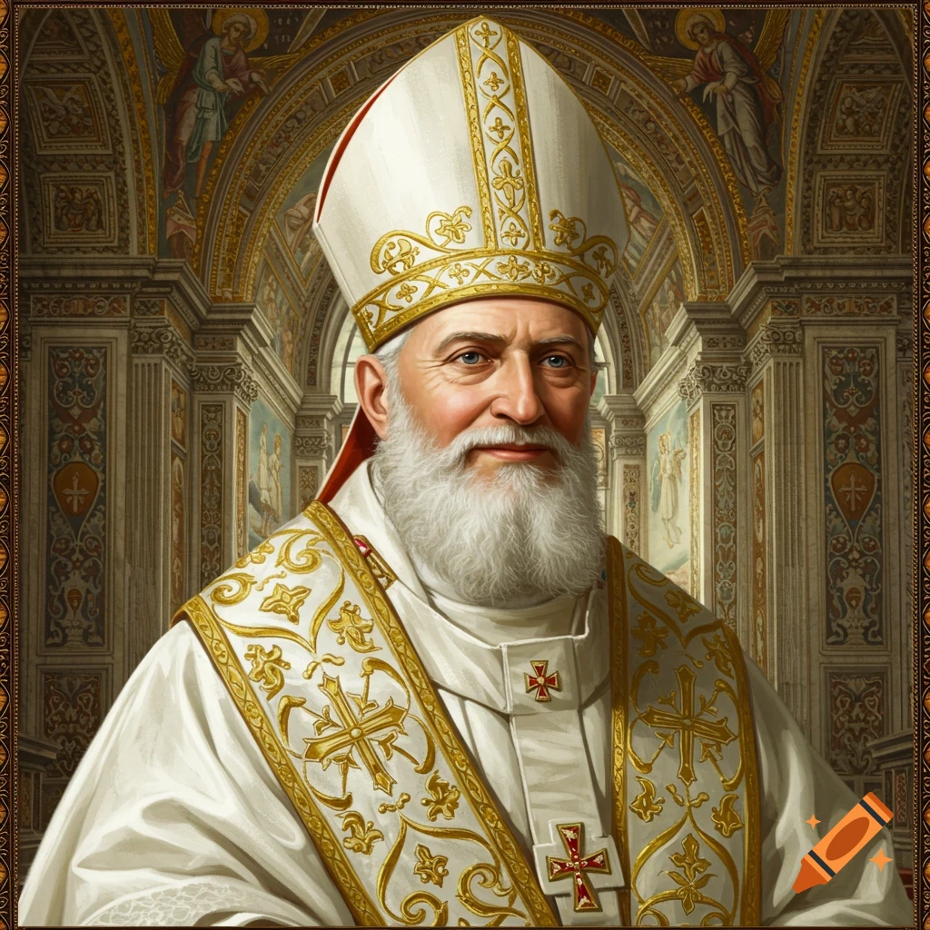 Portrait of a bearded man in ornate white and gold religious robes and ...